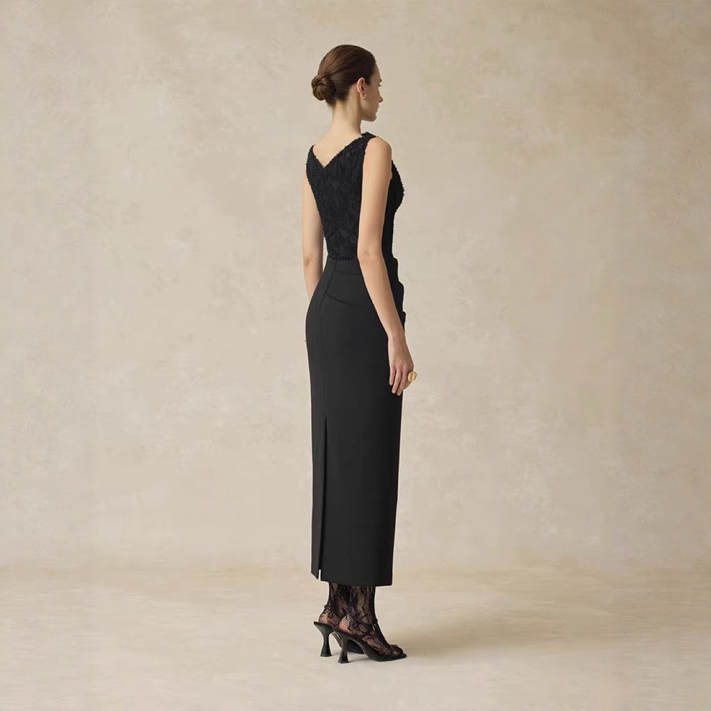 Elegant One-Shoulder Long Sleeve Fitted Dress with Lace Splicing Sleeveless Evening Gown