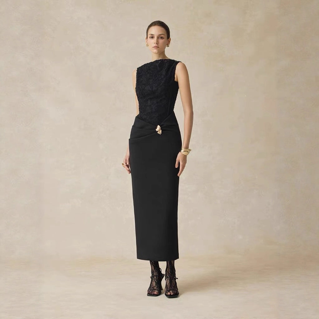 Elegant One-Shoulder Long Sleeve Fitted Dress with Lace Splicing Sleeveless Evening Gown