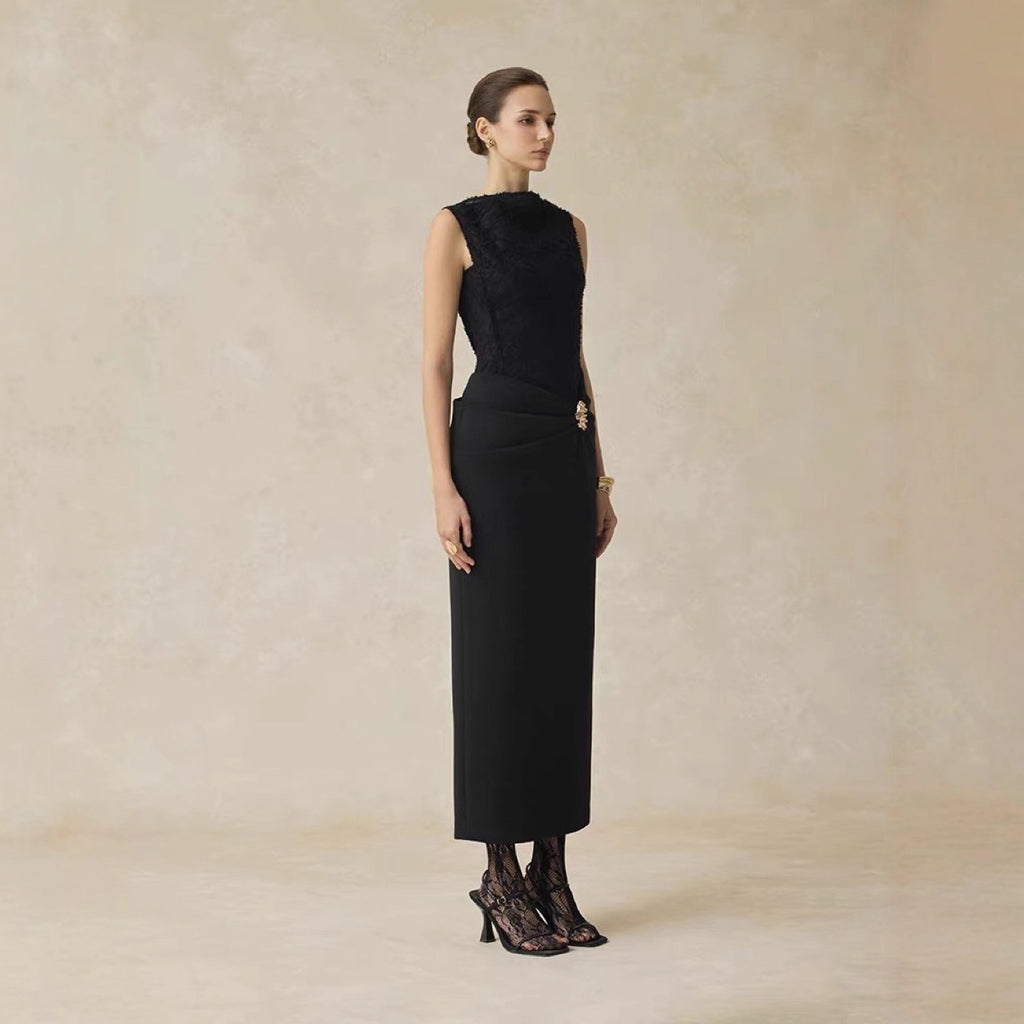 Elegant One-Shoulder Long Sleeve Fitted Dress with Lace Splicing Sleeveless Evening Gown