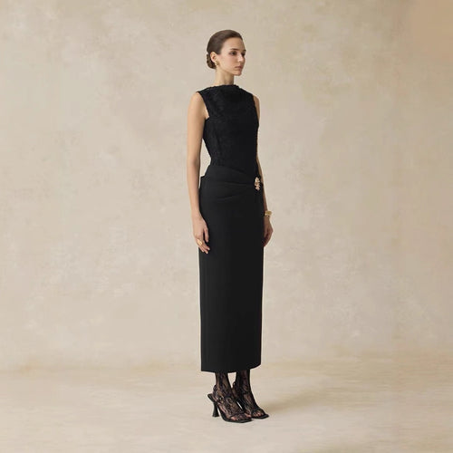 Elegant One-Shoulder Long Sleeve Fitted Dress with Lace Splicing Sleeveless Evening Gown